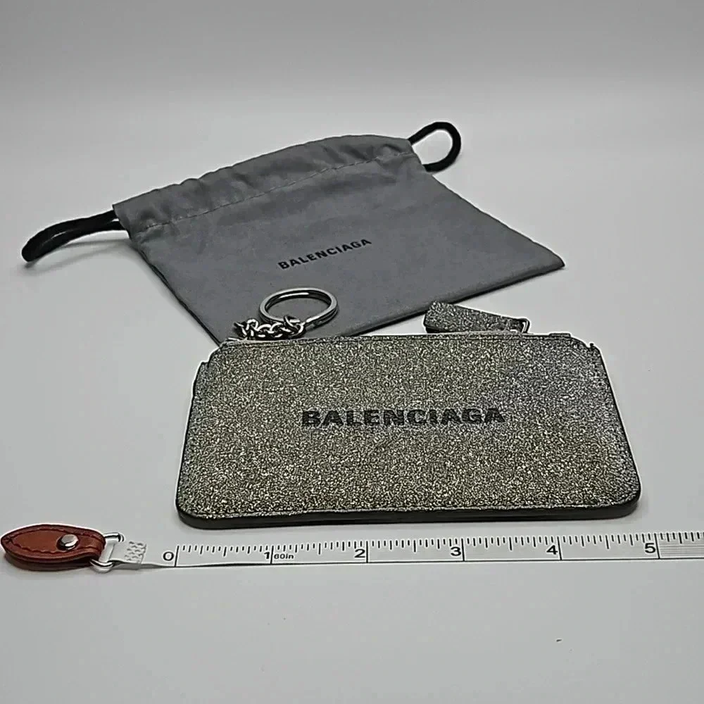Balenciaga Silver Glitter Zippy Pouch with Key Ring, dust bag included
